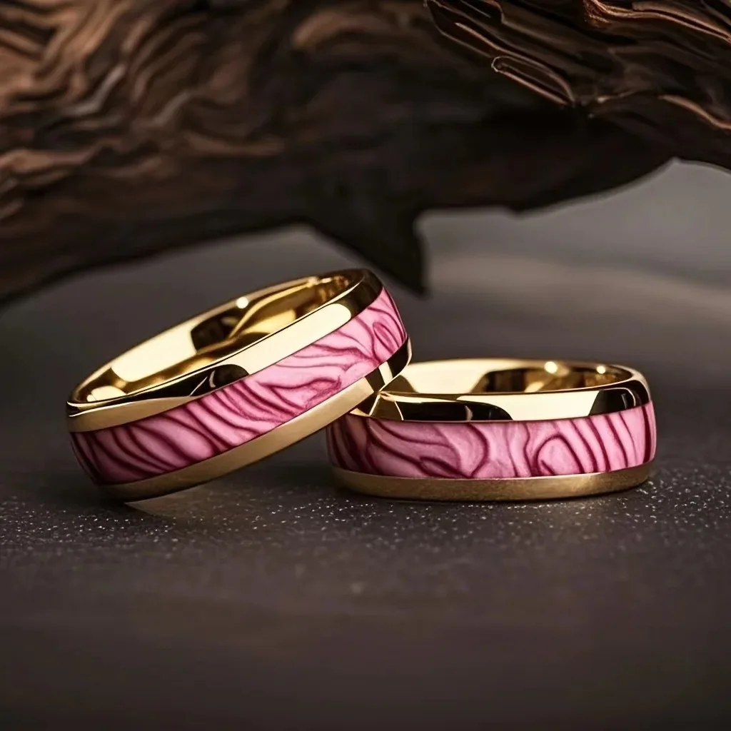 Wholesale Wedding Engagement Fashion Pink Abalone Shell Men's Ring Unique Gold Color Stainless Steel Rings Women Party Ring - view 3