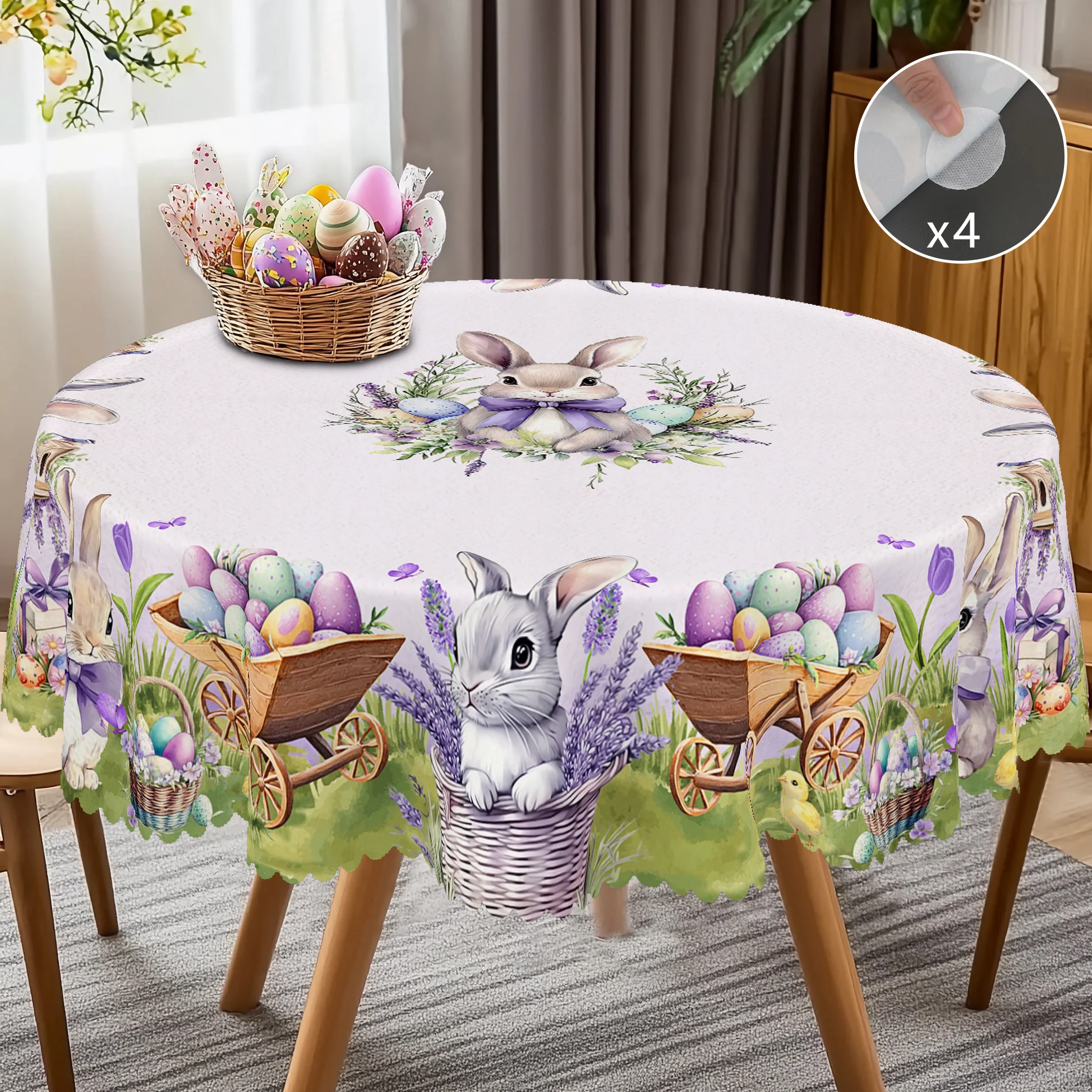 1 Easter Round Tablecloth, 5 Sizes Available, Lavender Easter Bunny Egg Print Tablecloth, Edge Embossing Process, Spring Garden Tablecloth Decoration, Tablecloth for Daily Home Kitchen, Terrace Use, Easter Decoration