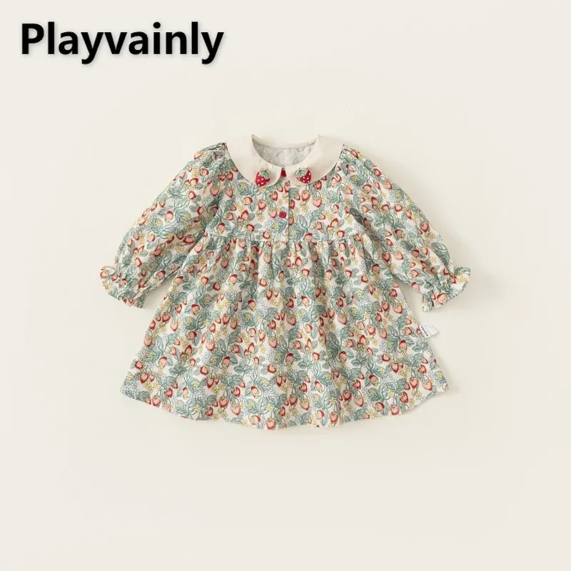 Baby Girls A-line Dress Autumn Cute Strawberry Print Peter Pan Collar Long Sleeve Princess Dress Sweet Children Clothes A7218