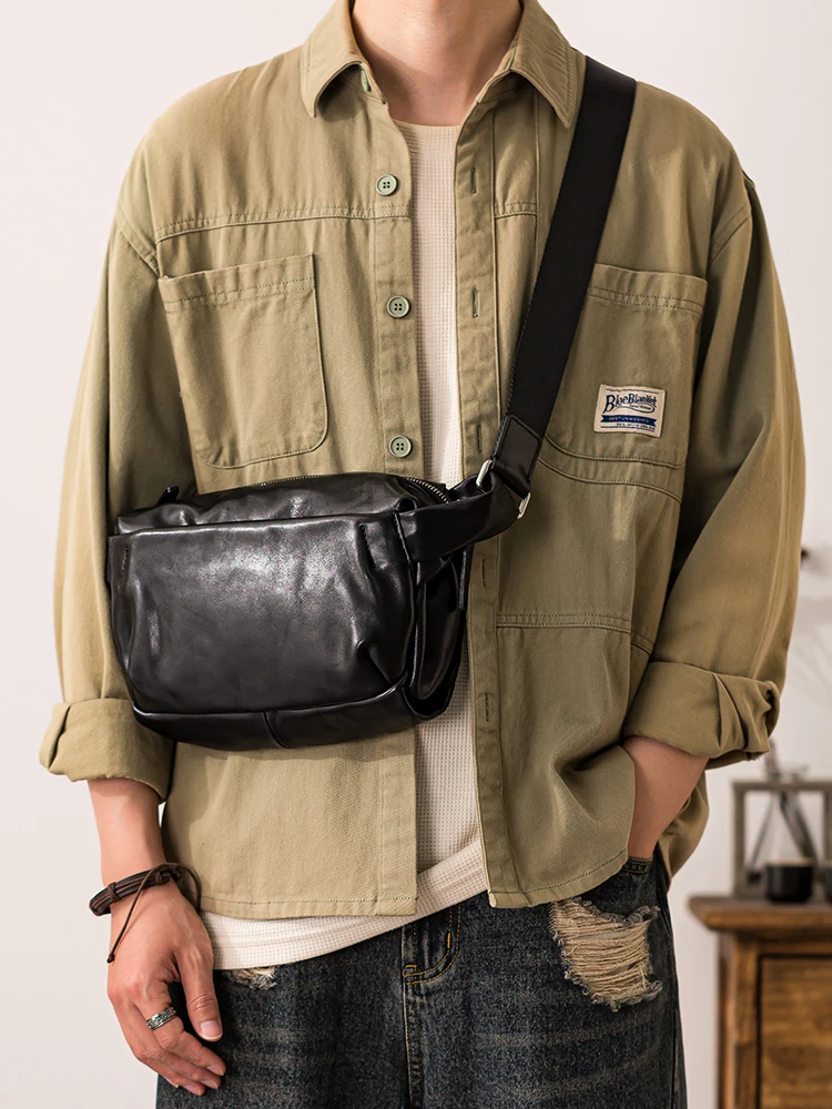 PNDME Outdoor daily work high quality genuine leather men's crossbody bag casual luxury first layer cowhide black shoulder bag