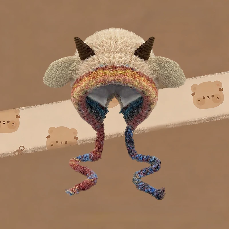 Kawaii Sweet Harejuku Kniied Hat Women Fluffy Sheep Horns Ear Decoration Caps Korean Y2K Sweet Autumn Cute Hat Keep Warm Beanie