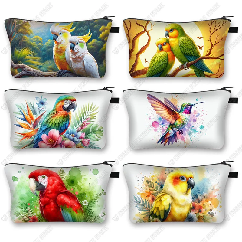 Watercolor Parrot Cosmetic Cases Macaw Toucan Hummingbird Birds Makeup Bag Women Toiletry Washing Bags Lipstick Holder Organizer