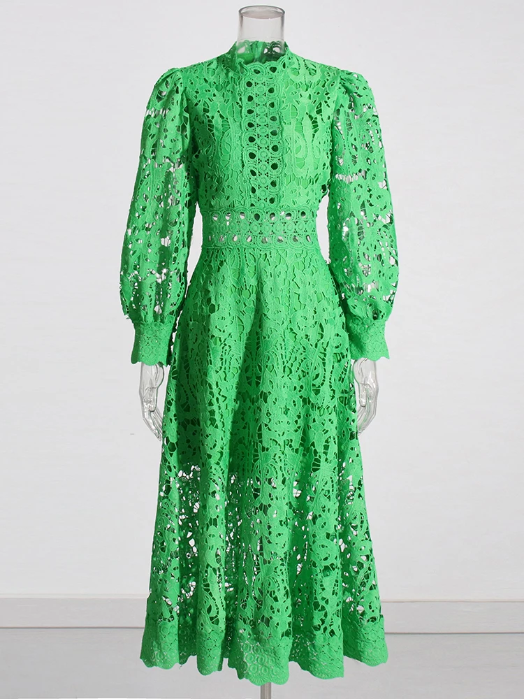 Robe Mi-Longue Verte à Col Montant pour Femme, Manches sulf, Taille Haute, Découpée, Couleur Unie, Vêtements d'Automne, Nouvelle Marque, 2022