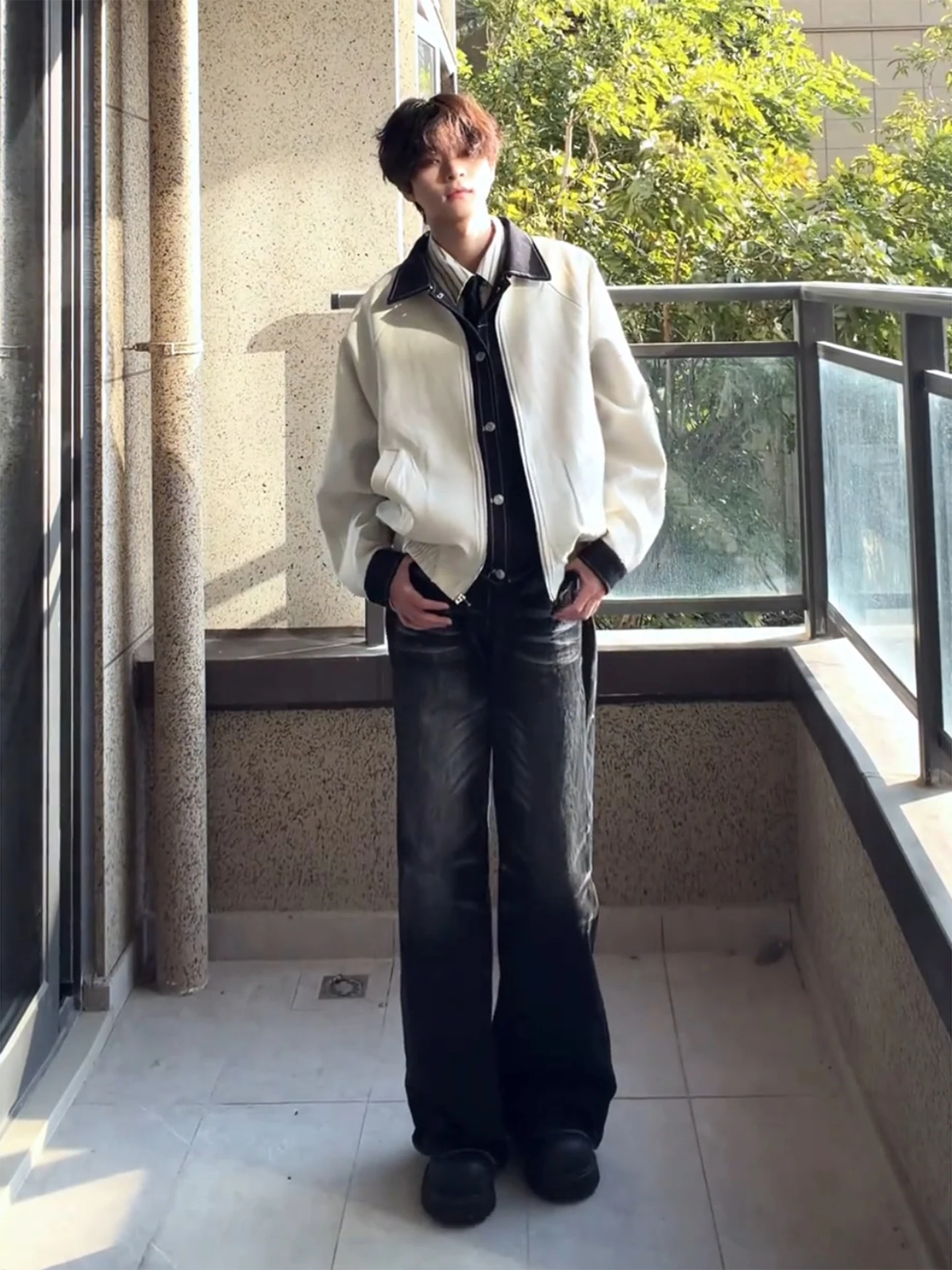 

American Sle Bla Pattern Men's Jeans Spring High-End Feeling Cool Straight Leg Micro Flared Pants Cleanfit