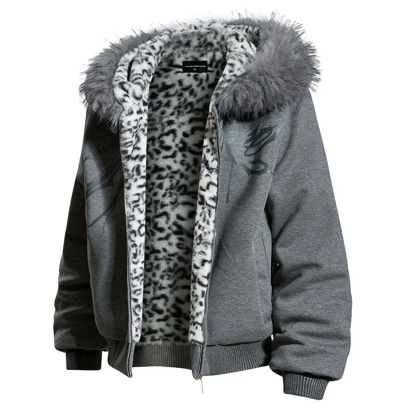 سترات شتوية بياقة من الفرو للرجال معاطف باركاس دافئة من القطيفة سترات مبطنة كبيرة الحجم ملابس الشارع سترات هاراجوكو هيب هوب #2