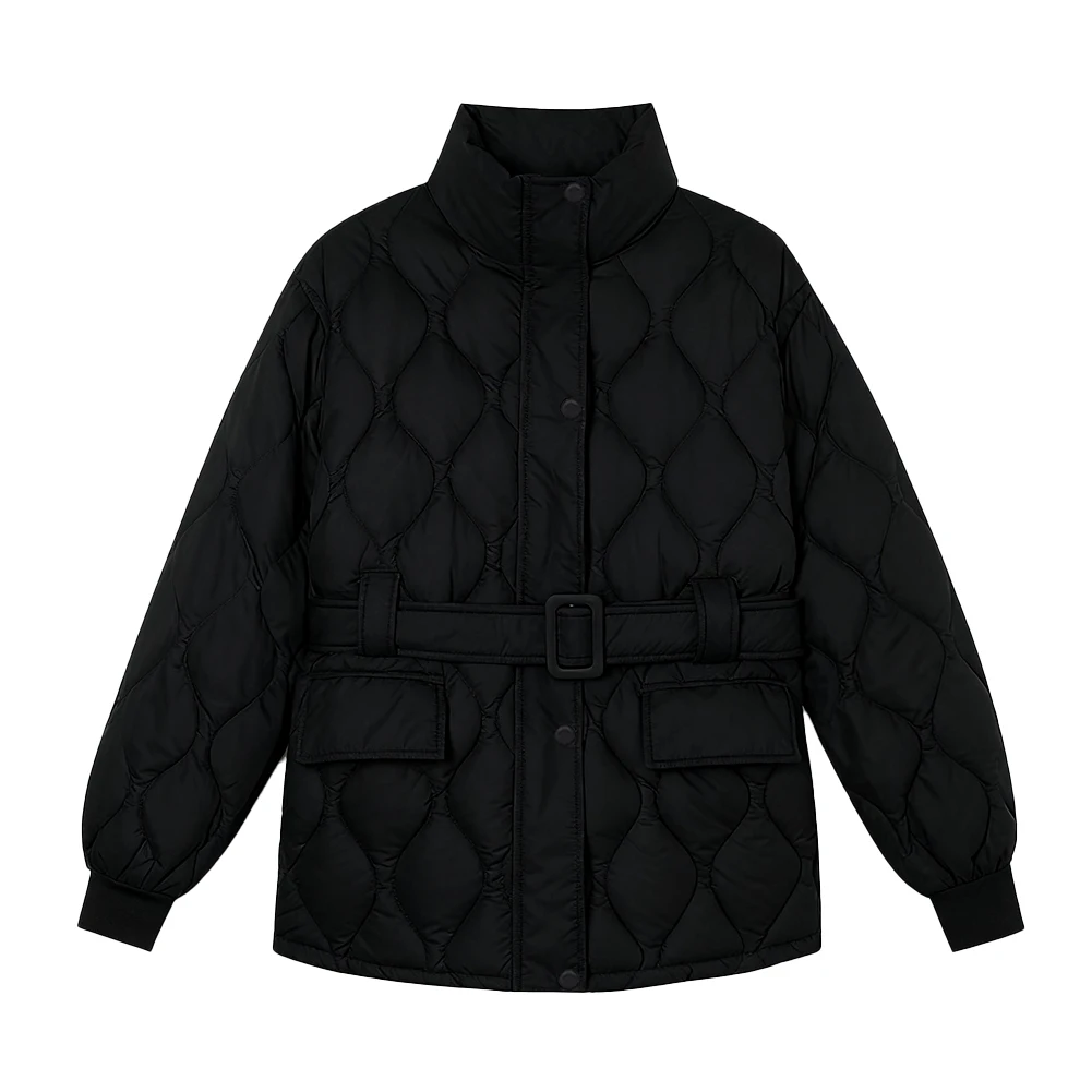 

Belted Casual Parka Belt Coat Down Cotton Parka Black Women Warm Jacket Soft Fabric Suitable For Autumn Casual Style