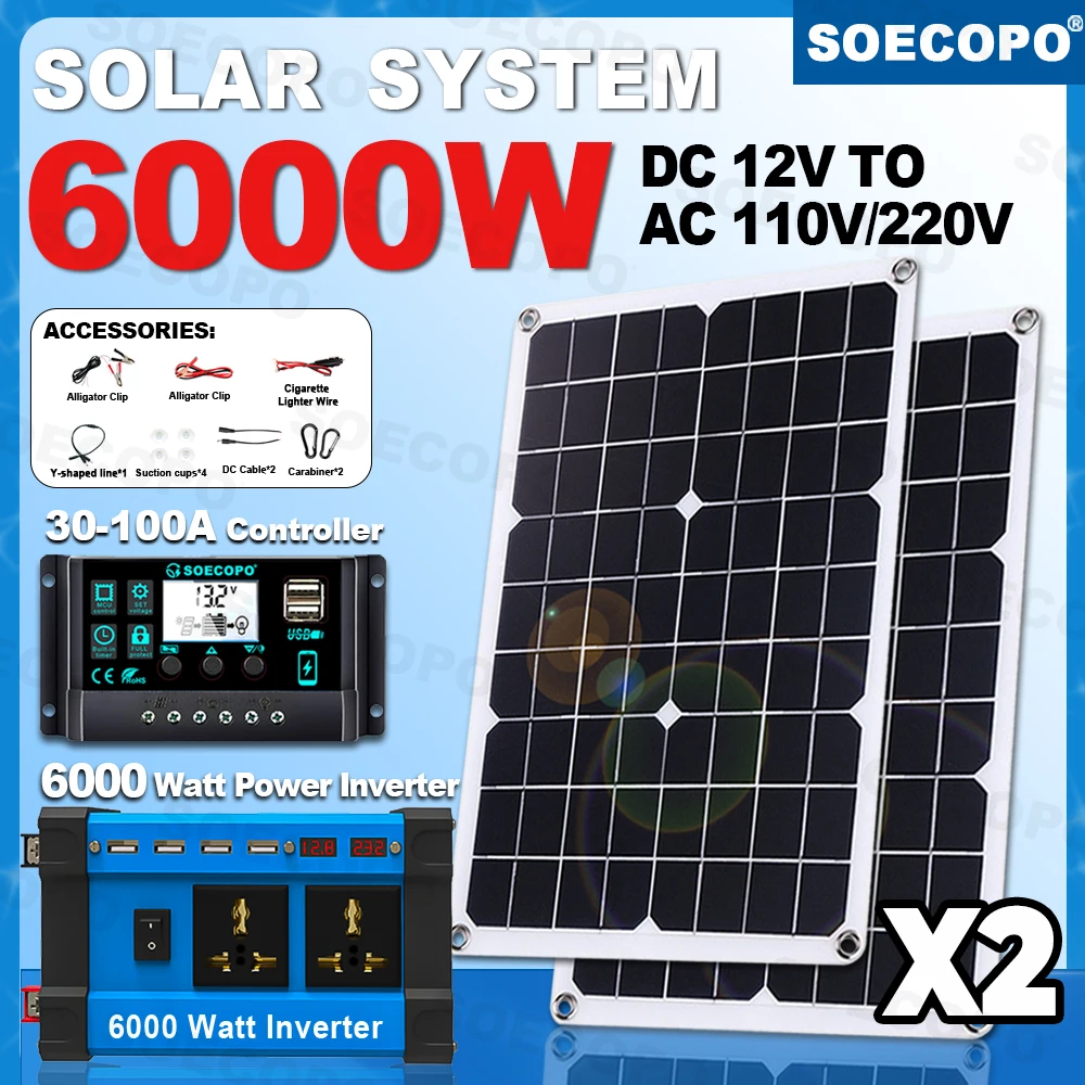 

SOECOPO 6000 Вт DC 12 В - AC 110 В/220 В Инвертор Off Grid Комплект солнечной системы 100 А Контроллер USB 5 В/1,5 А 2*500 Вт Солнечные панели Кемпинг
