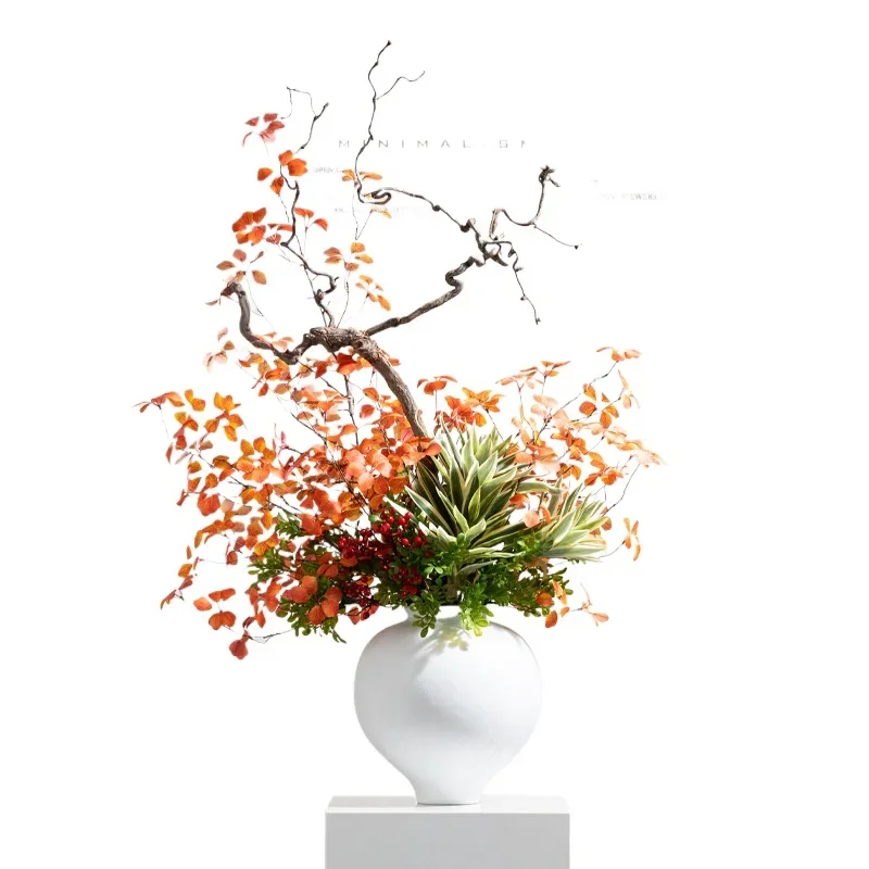 High-end minimalist  large-scale simulated vase, red and white floral decoration in the entrance