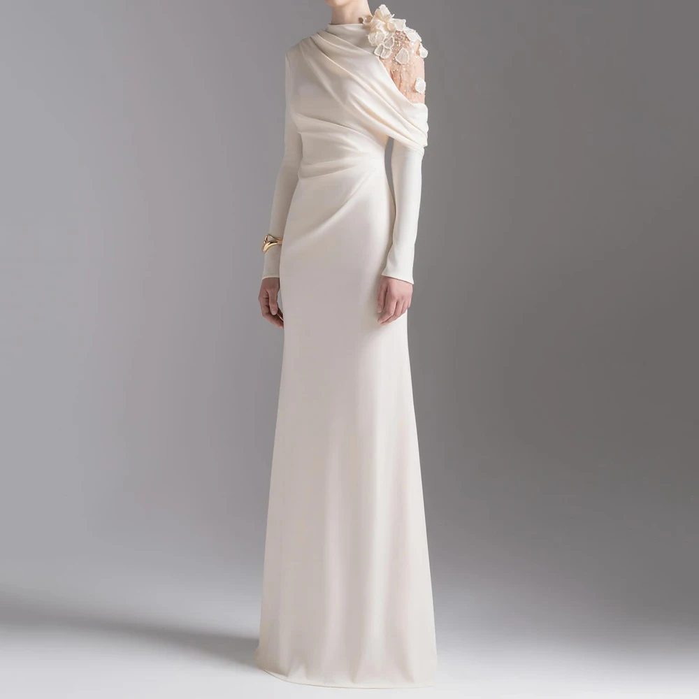 فساتين سهرة مخصصة على شكل حرف A بطول الأرض ورقبة عالية وأكمام طويلة فستان حفلات موضة زهور بسيطة ثنيات كاجوال للحفلات