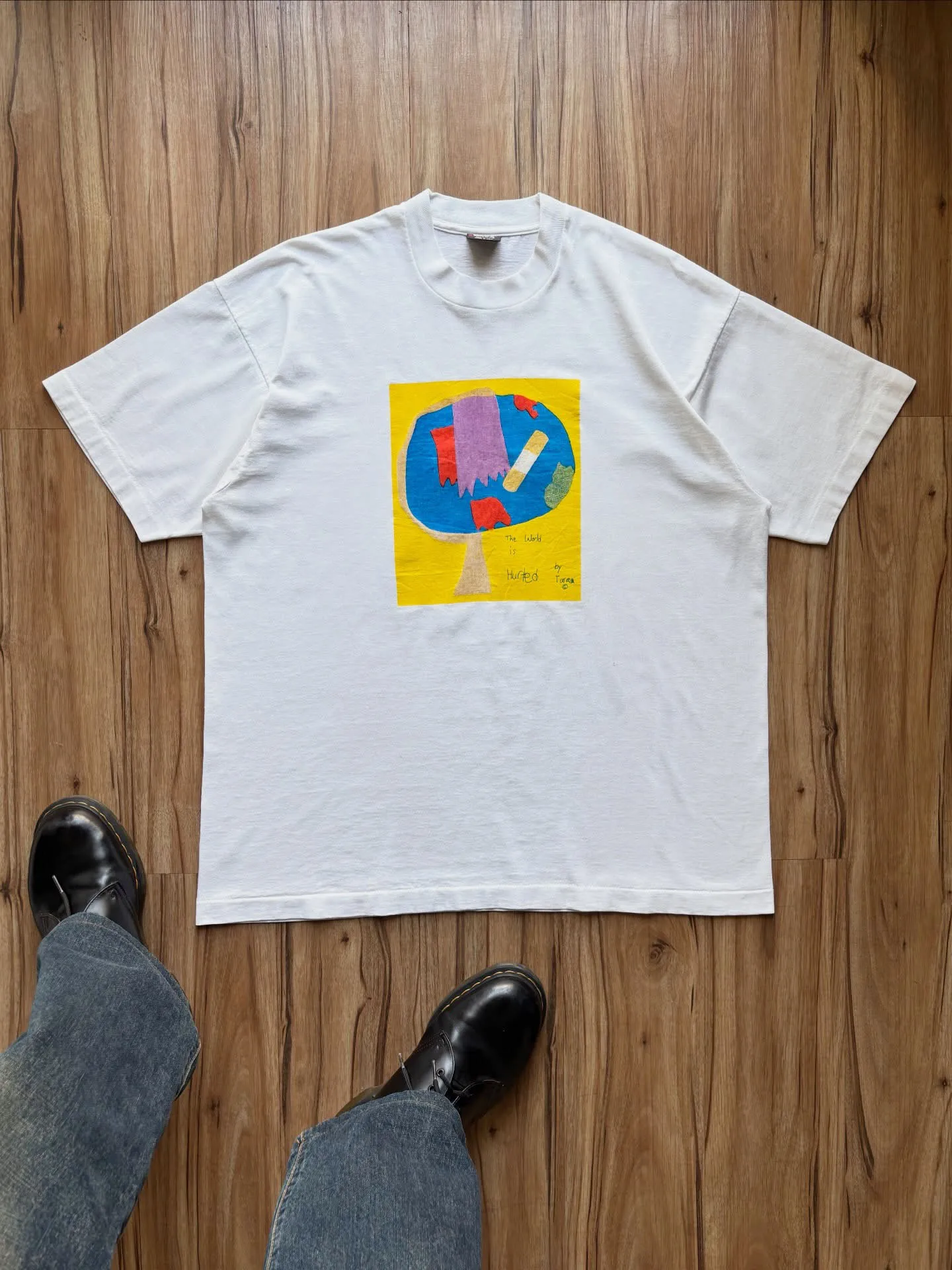 Abstract Planet Hand-Painted White T-Shirt Short-Sleeve Art Therapy Korean Style Casual Unisex Breathable Cotton Summer Top