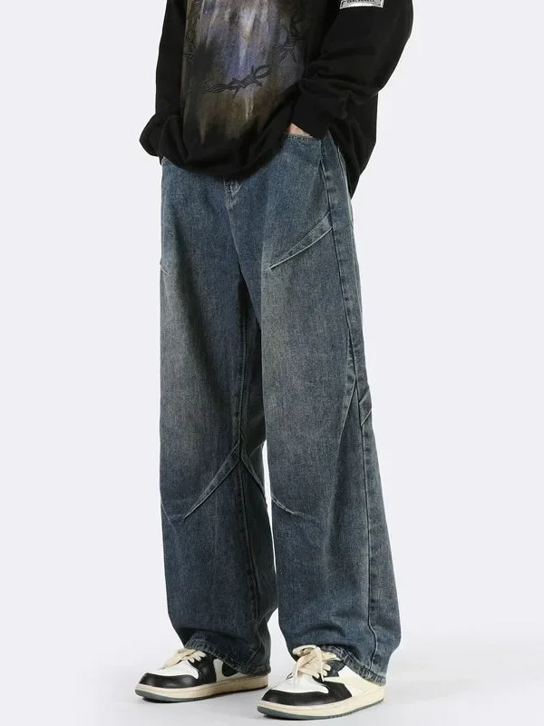 Y2K الدنيم السراويل الرجال المرقعة الجينز واسعة الساق فضفاض الشارع الشهير شارع العليا خمر لوحة غير المتماثلة فضفاضة تناسب بنطلون #3