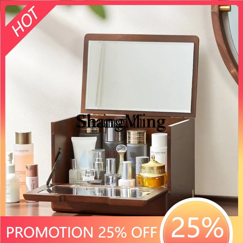 FG Cosmetics Storage Box Wooden Headband Mirror Integrated Desktop Dresser Skin Care Products Countertop Drawer Storage Cabinet