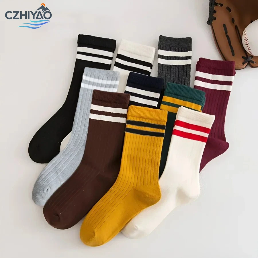 

CZHIYAO 10 Pairs Fashion Striped Sports Socks All Season Mid Calf Unisex Style Casual Athletic Wear Double Bar Design College