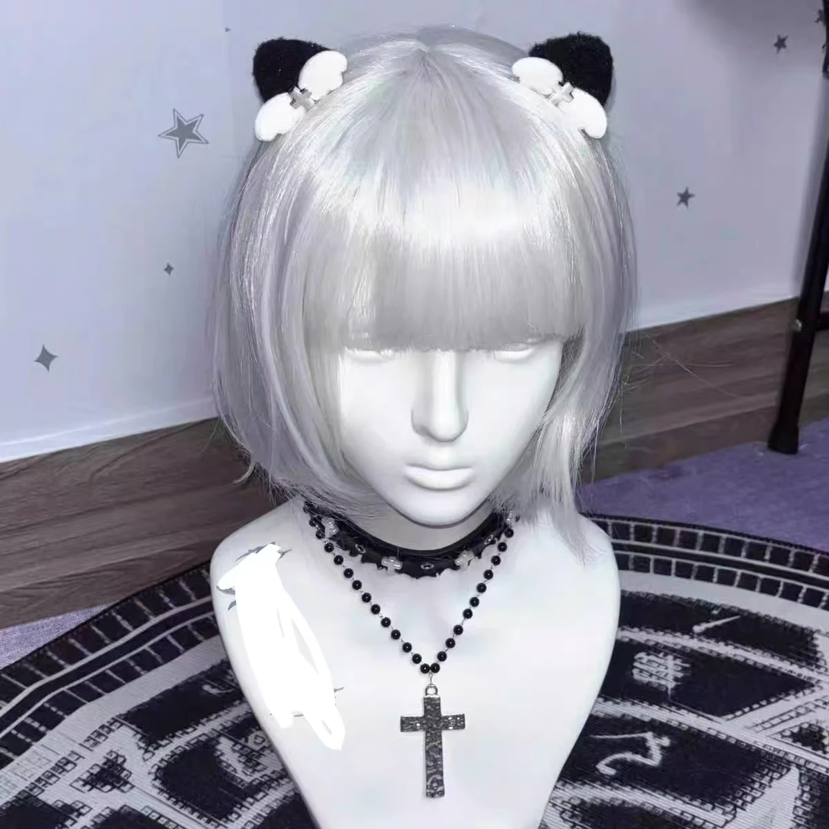 1 Pair White Angel Wing Hairpins Black Cat Ear Cross Gothic Y2K Girls Plush Hair Clips Halloween Cosplay Headwear
