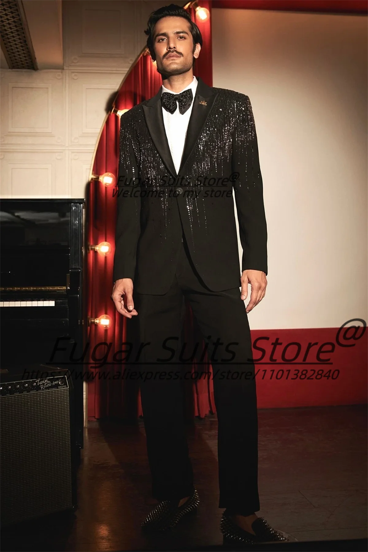 Luxury Black Shiny Men Suit Customized Slim Fit Single Breasted Wedding Groom Tuxedos Peak Lapel Male Party Blazers 2 Pcs Sets