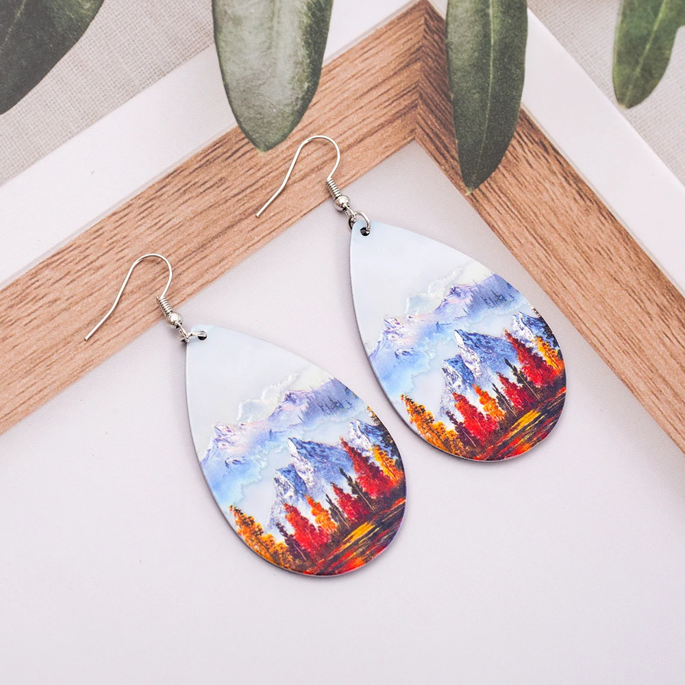 Fashion Snow Mountain Forest Landscape Relievo Printing Vintage Acrylic Water Drop Earrings For Women Leisure Vacation Jewelry