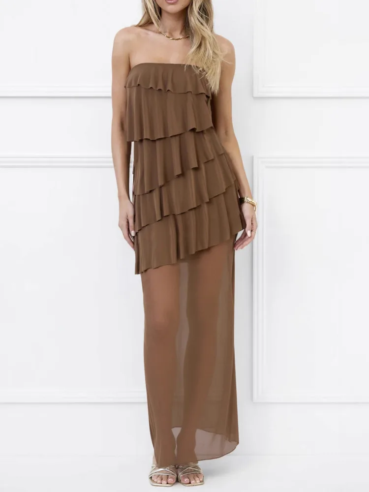 Sukienka maxi bez ramiączek z odkrytymi ramionami, falbankami, seksowna, damska, modna, z siateczkowymi wstawkami, bez rękawów, z odkrytymi plecami, obcisła, długa sukienka klubowa.