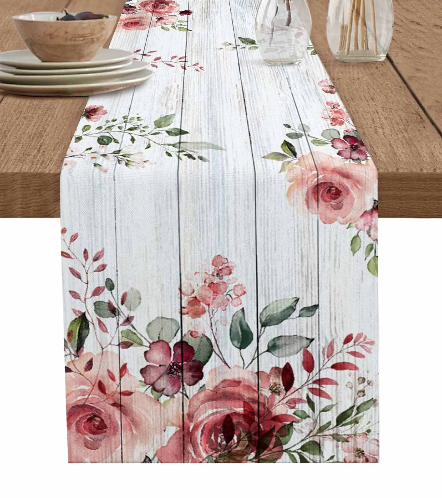 Valentine'S Day Rose Leaf Plant Flower Wood Grain Table Runner Kitchen Decor Table Cover Wedding Tablecloth 4/6pcs Placemats