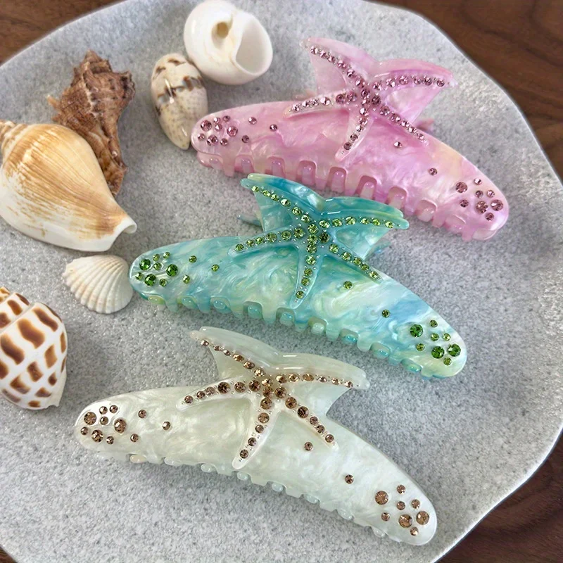 مشبك شعر مرصع بالألماس على شكل نجم البحر الملون مستوحى من المحيط قزحي الألوان، إكسسوار شعر أوبدو أنيق، قطعة شعر بسيطة #1