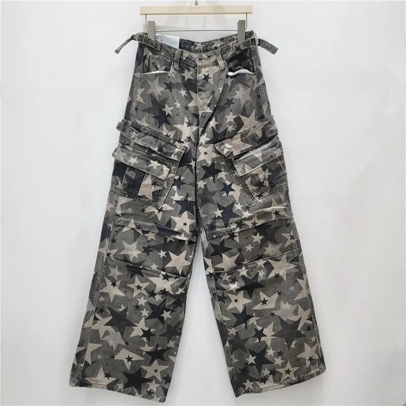 

Denim Jeans Women Jean Star Camo Zipper Pocket Full Length Empire Waist Wide Leg Pants Loose Fit Streetwear Casual 2025 Autumn