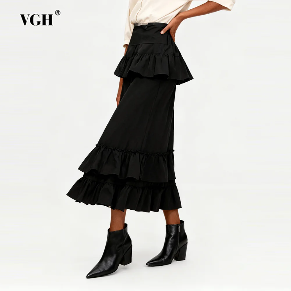 

VGH Design Sense Solid Ruffle Slimming Skirts For Women High Waist Spliced Zipper Spring Temperament Long Skirt Female Fashion