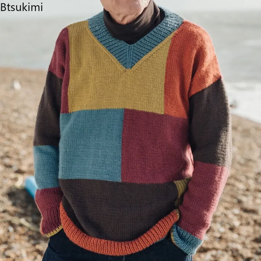 New 2024 Men's Casual Patchwork Color Knitted Sweaters Autumn Winter Pullovers Male V-Collar Warm Sweaters Party Clothes for Men