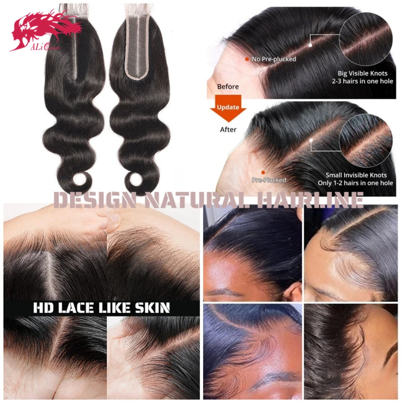 

Ali Queen Hair 2x6 5x5 6x6 Real HD Lace Closure Invisible Melt Skin Full Frontal 13x6 13x4 Indian Virgin Body Wave Hair