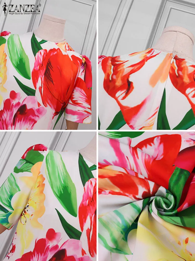 ZANZEA 2025 femmes manches courtes bouffantes Robe d'été bohème imprimé fleuri robes mi-longues Sexy col rond vacances taille Robe surdimensionné