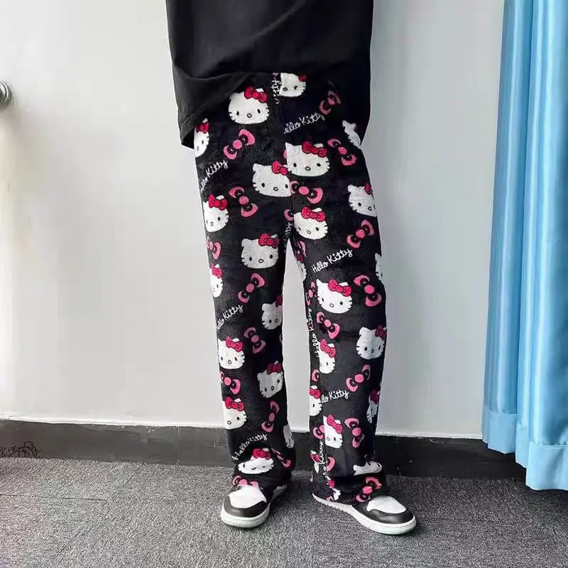 Kawaii Sanrio Hello Kitty flanelowa piżama czarna damska ciepła wełniana kreskówka Casual spodnie domowe jesienne i zimowe modne spodnie