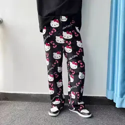 Kawaii Sanrio Hello Kitty flannel pajamas black women's warm wool cartoon casual home pants autumn and winter fashion trousers