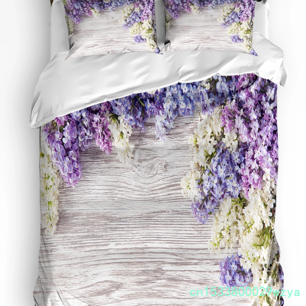 Purple Lilac Flower Wooden Board Bedding Set 3pcs Duvet Cover Pillowcase Kids Adult Quilt Cover Double Bed Set Home Textile