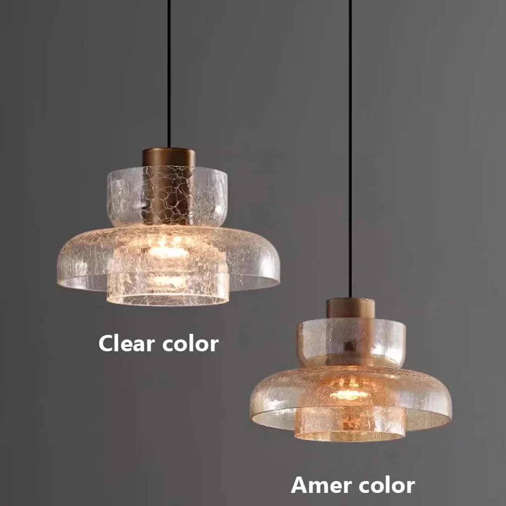 Modern LED Retro Cracked Glass Pendant Lamp Light Luxury Coffee Shop Bar Counter Bedroom Bedside Glass Atmosphere Chandelier