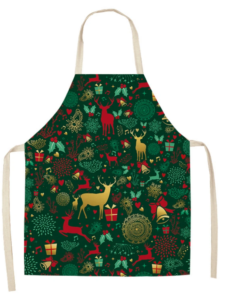 Christmas Tree Pattern Green Linen Sleeveless Hand Rub Waist Apron Home Holiday Kitchen Decor Cleaning Tool Baking Anti-greasy