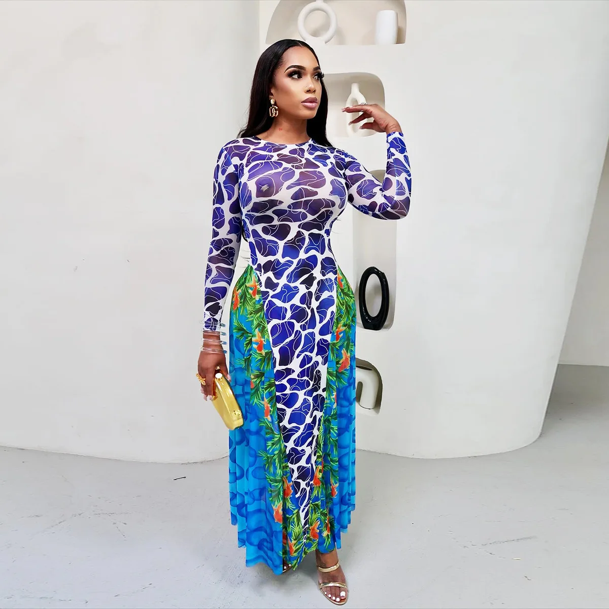 

Office Long Dresses 2026 Spring Elegant Floral Print Sheer Mesh Bodycon Dress Fashion Beach Holiday Party Dresses Streetwear