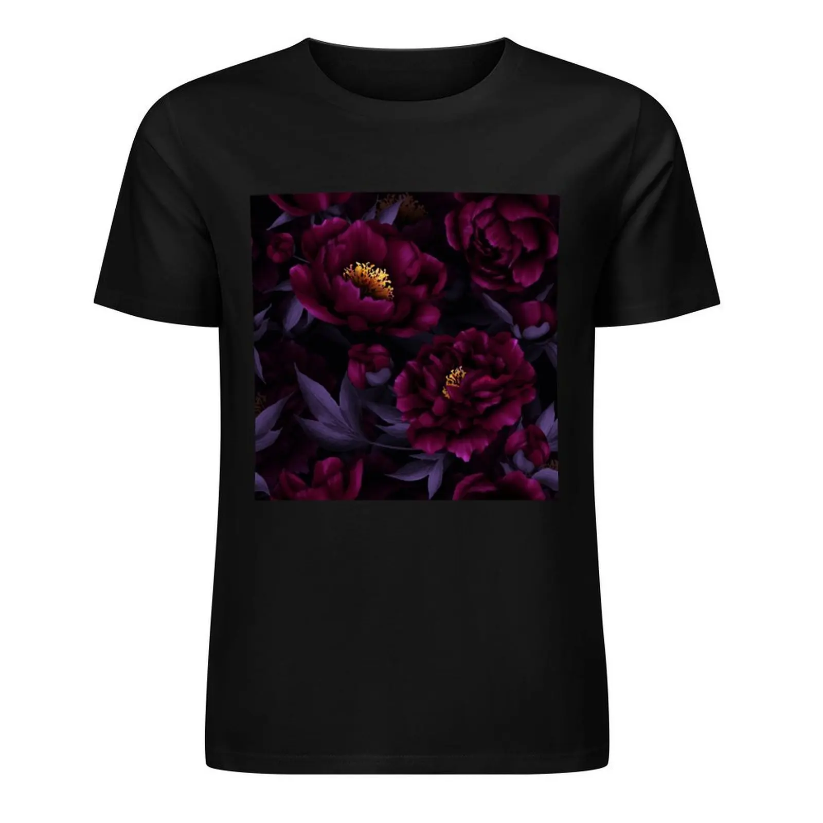 Purple Hand Drawn Watercolor Peonies Pattern Botanical Night Garden T-Shirt Short sleeve tee cute tops shirts men