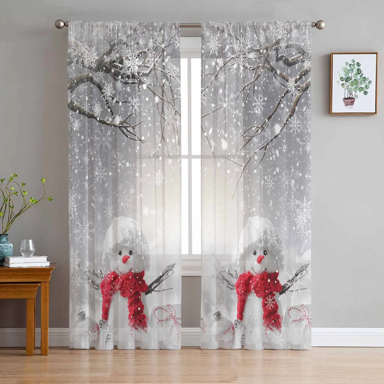 

Christmas Snowman Silver Fir Tree Window Tulle Curtains for Living Room Kitchen Christmas Home Decor Sheer Voile Curtains