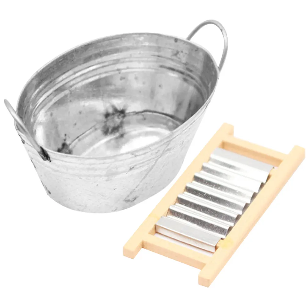 

1Set Miniature Iron Wood Bucket Realistic Decorative Mini House Accessory Photography Prop Teaching DIY Mini Garden Landscape