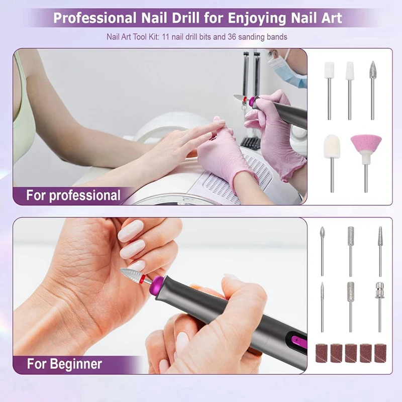 Cordless Electric Nail Drill Machine, Professional Nail File Kit For Acrylic Gel, Rechargeable Portable Nail Filer Set Durable