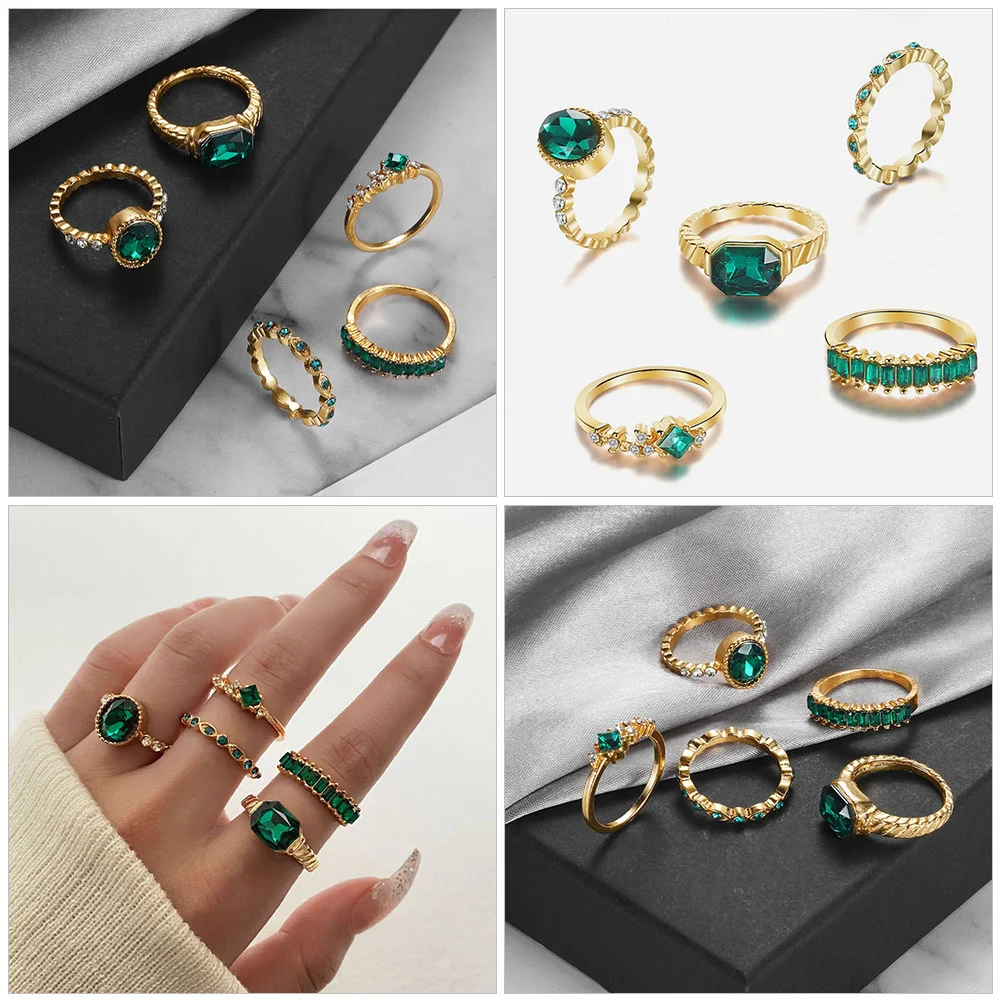 5 Pcs Retro Green Rhinestone Geometric Diamond 5-piece Set (hs638) Cool Rings Crystal Rhinestones Stackable Knuckle Alloy