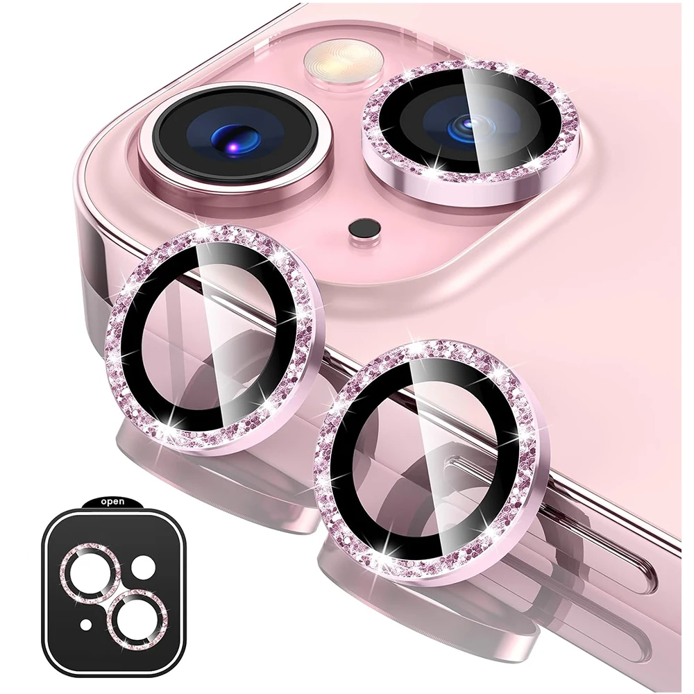 Glitter Camera Lens Protector Cover for iPhone 17 Air 16 15 Pro Max 14 Plus 13 Mini Pink Tempered Gl
