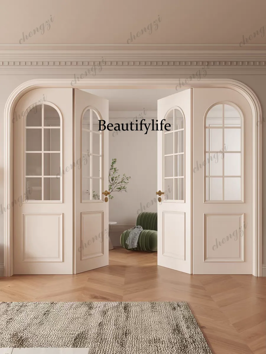 Z138 Customization White Paint Medieval Style Hinged Wooden Door Stick Lines Midcentry Deep Lines Four Door Arc Line Glass