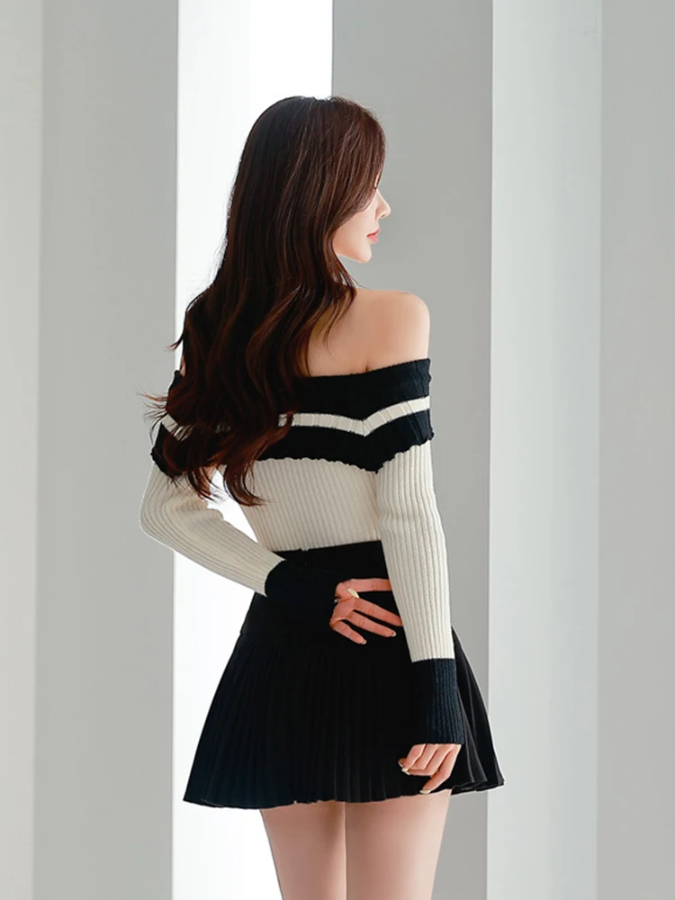 Fashion Y2K Lady 2 Piece Outfit Women Clothes Knitted Sweater Sexy Off-Shoulder Tops And Pleated Short Mini Skirt Mujer Slim Set