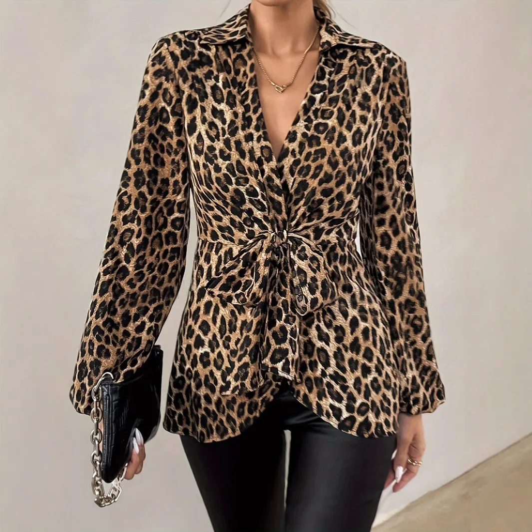 2026 Leopard Print Tie-Waist V-Neck Elegant Long-Sleeve Shirt Woman Clothing Top Women T-shirt Tank Top Female Clothes Tops