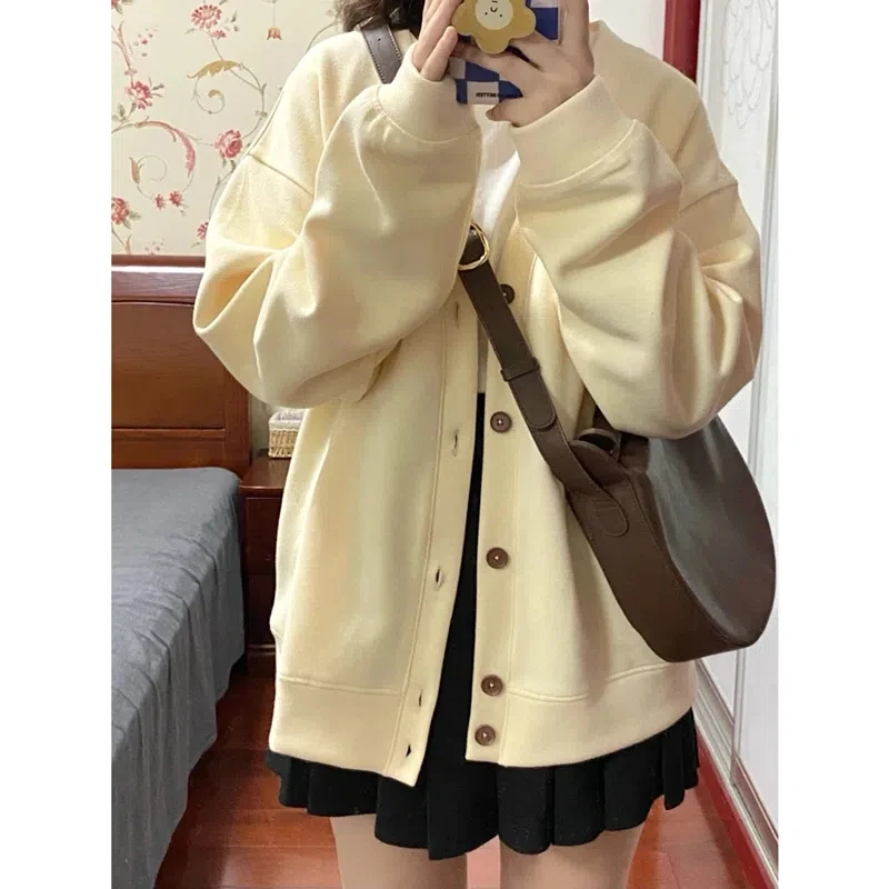 Cream Yellow Slimming Sweet Refreshing Cardigan Sweater Jacket Female Spring  Autumn Outerwear Autumn Gentle Tie Loose Top Trend