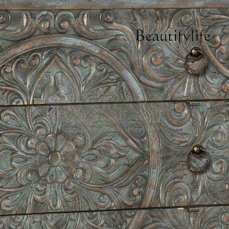 New Classical American Three-Drawer Cabinet Sideboard Cabinet Vintage Carved Hallway Table Decorative Locker