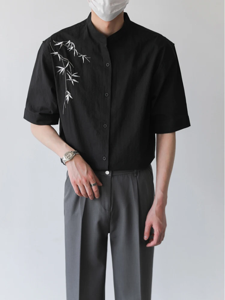 

New Chinese Sle Summer Men's irt ort Sve Embroidered Bamboo Le f Sve Stand Collar Breathable Loose Fit Casua...