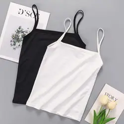 Long Camis Bra Elastic Strap Women Layering Basic Tanks Top Solid Cotton Chest Pad Summer Camis T-Shirt
