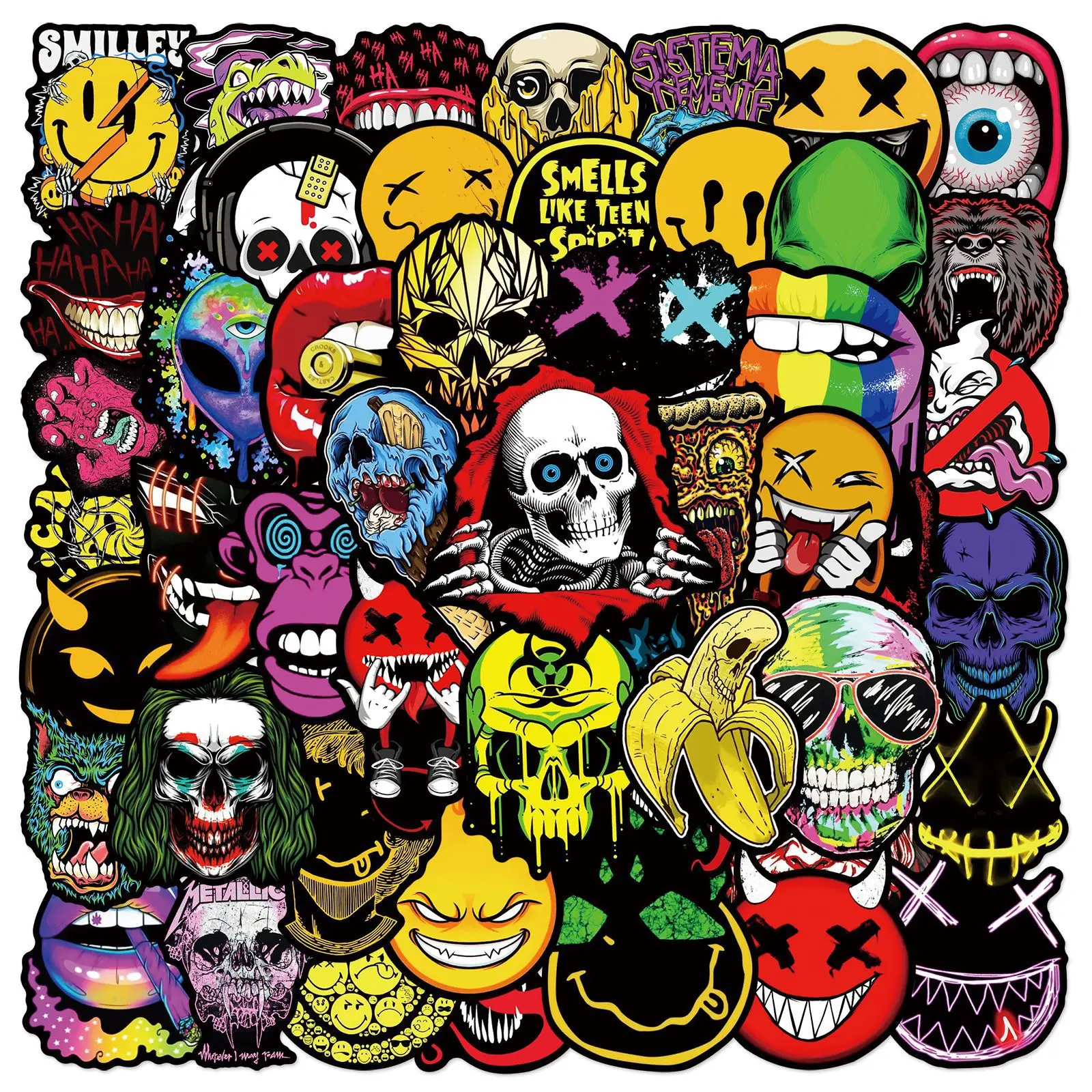 50 Stück Coole Modische Cartoon-Horror-Smiley-Graffiti-Aufkleber für Koffer, PVC, Skateboard, Laptop, Kühlschrank, Handy, Auto, DIY-Dekoration