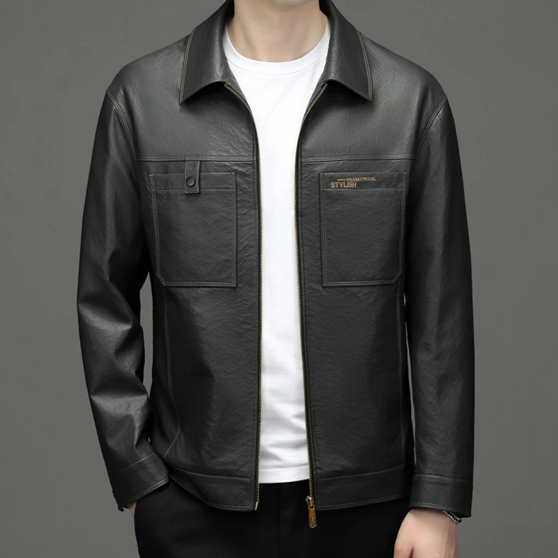 Men\'s Leather Coat Cargo Pocket Lapel Business Casual 2023 Autumn New Leather Jacket Coat