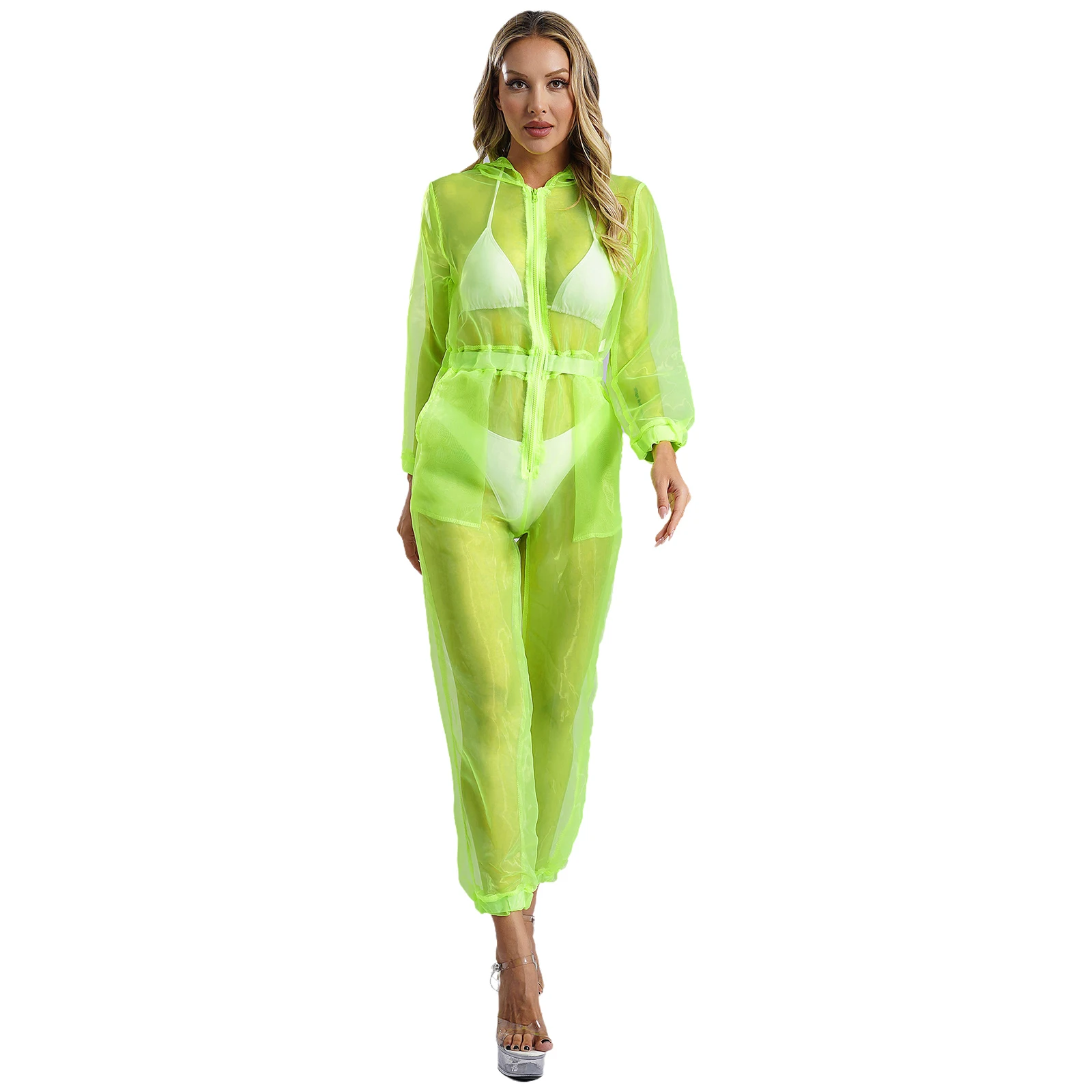 

Women See Through Mesh Hooded Bodysuit Jumpsuit Long Sleeve Zip Up One Piece Rompers Sheer Mesh Lingerie Cover Up Nightclub Wear